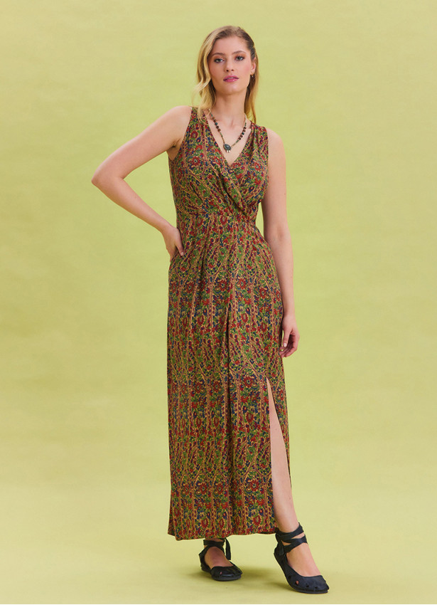 V Neck Slit Detail Patterned Green Long Dress 4455